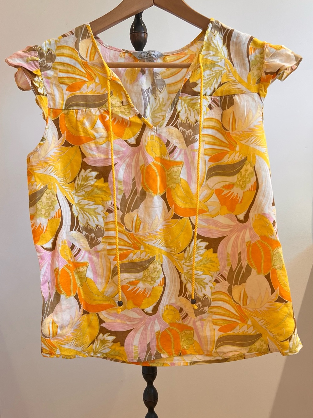 Anthropologie Yellow Orange Pink Floral Cotton/Linen Tie-Front Blouse
